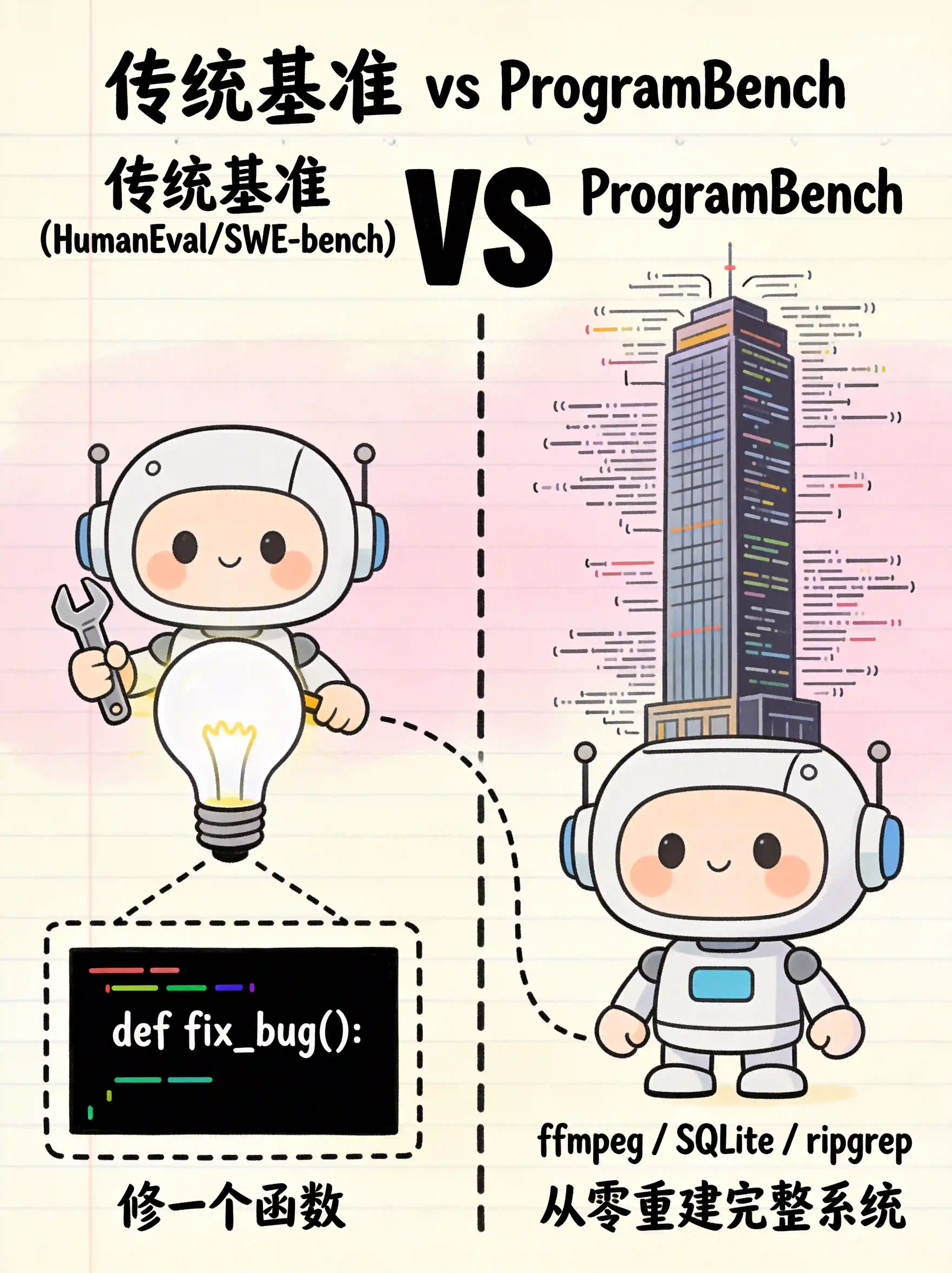 传统基准 vs ProgramBench 上