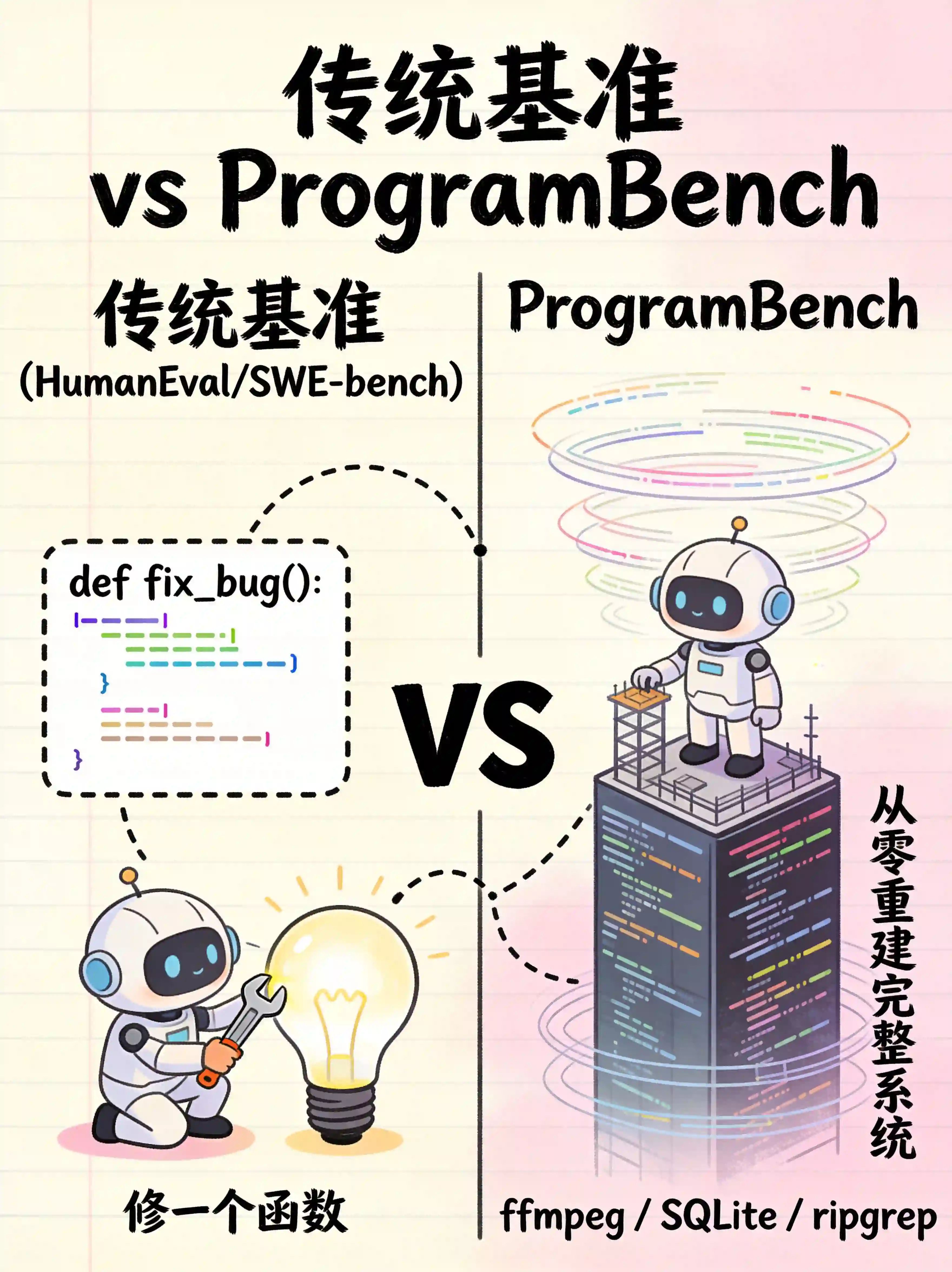 传统基准 vs ProgramBench 下
